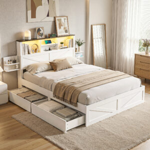 Artiss Queen Bed Frame with Storage Drawers White Platform Bedframe with Bookcase Headboard Charging product image