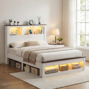 Artiss Double Bed Frame with Storage Bookcase Headboard and Footboard White Wooden Platform Bed with product image