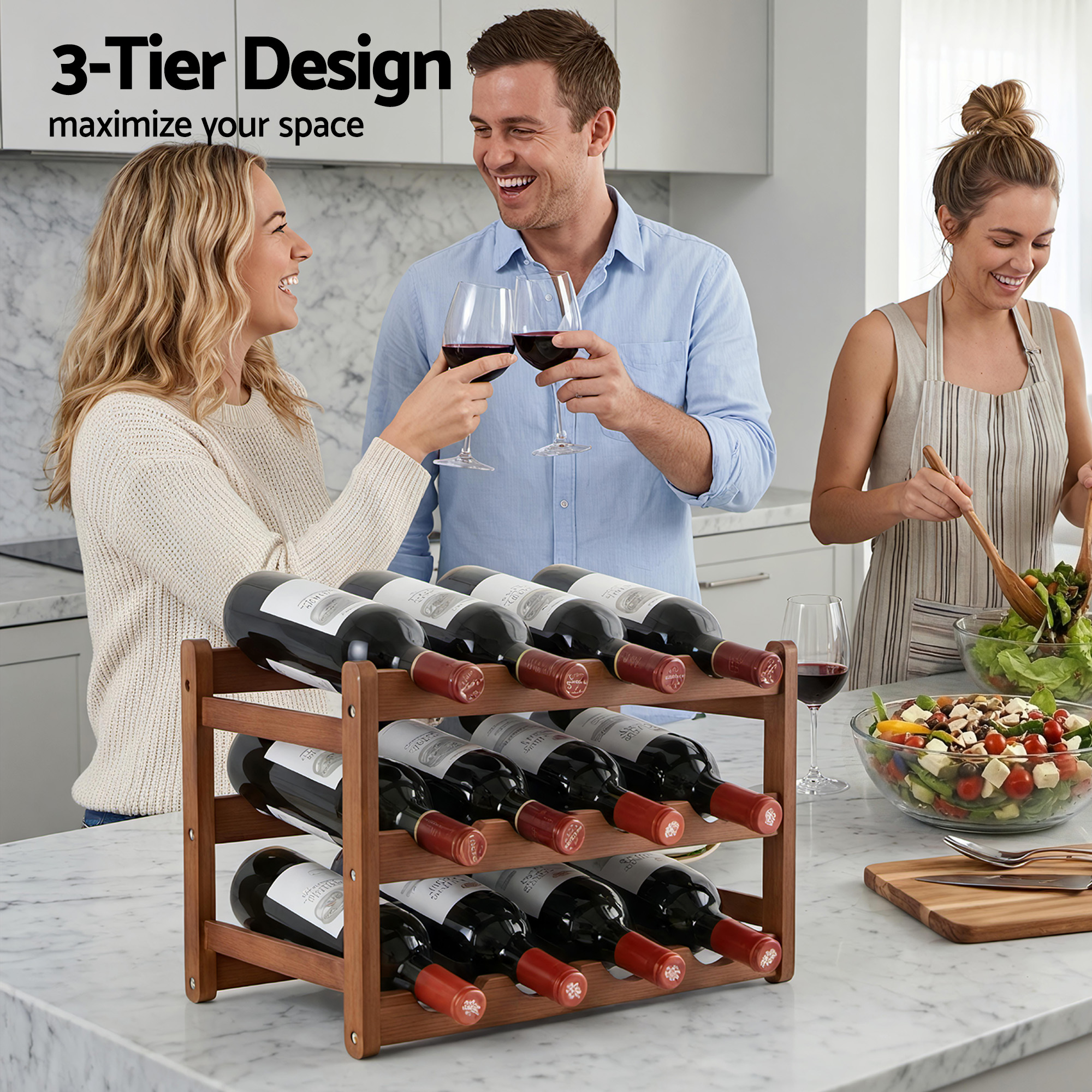 Artiss Bamboo Wine Rack 3-Tier | 12 Bottle Walnut – Sumo Deals Artiss Bamboo Wine Rack 3-Tier Display Storage Organizer 12 Bottle Walnut Product Image
