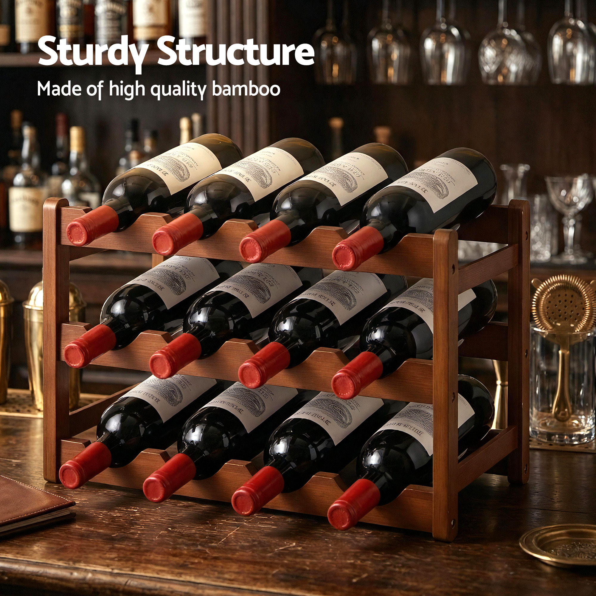 Artiss Bamboo Wine Rack 3-Tier | 12 Bottle Walnut – Sumo Deals Artiss Bamboo Wine Rack 3-Tier Display Storage Organizer 12 Bottle Walnut Product Image