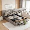 Artiss Queen Size Upholstered Gas Lift Bed Frame With Foldable Bench Pvc Leather Platform Bed With S Product Image