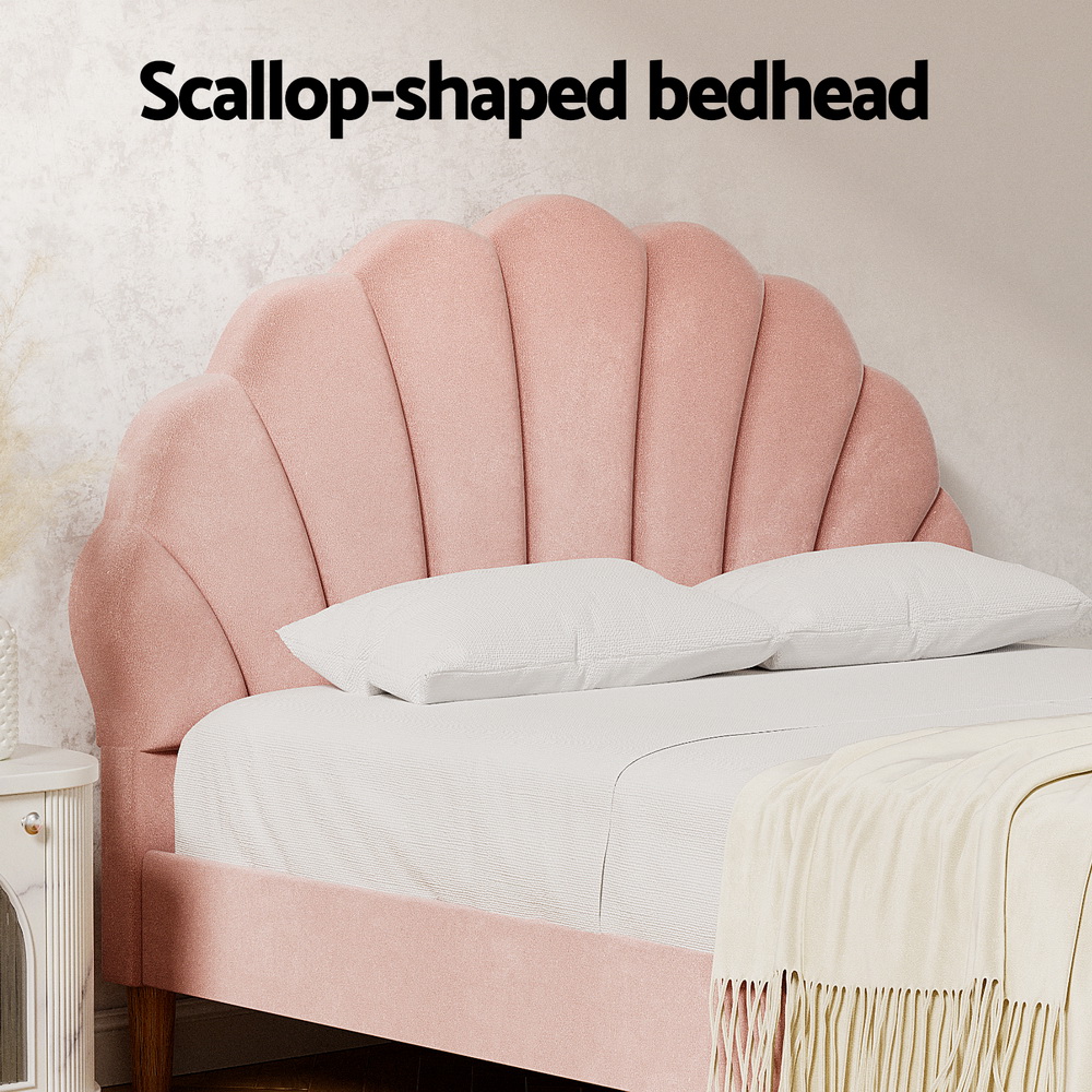 Artiss Double Bed Frame | Pink Velvet Scallop Bedhead – Sumo Deals Artiss Bed Frame Double Size Scallop-Shape Bedhead Beds Base Pink Velvet Fabric Product Image