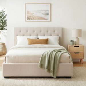 Artiss Double Bed Frame with Storage and Bedside Table Set Tufted Linen Gas Lift Bed Base and 2-Draw product image