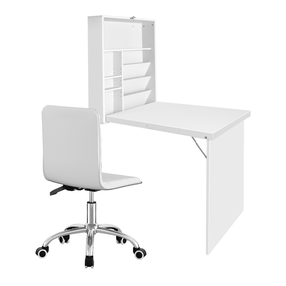 Artiss Foldable Desk &Amp; Office Chair Set White – Sumo Deals Artiss Computer Desk Office Chair Set Pu Leather Wall Mount Foldable Table White Product Image