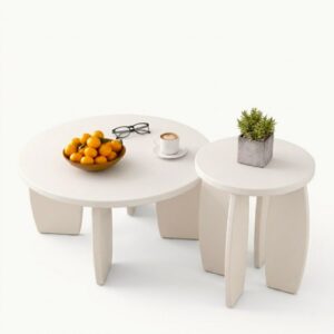 Artiss Coffee Table Set of 2 High Gloss Round Side Bedside Table Wood Living Room Cream product image