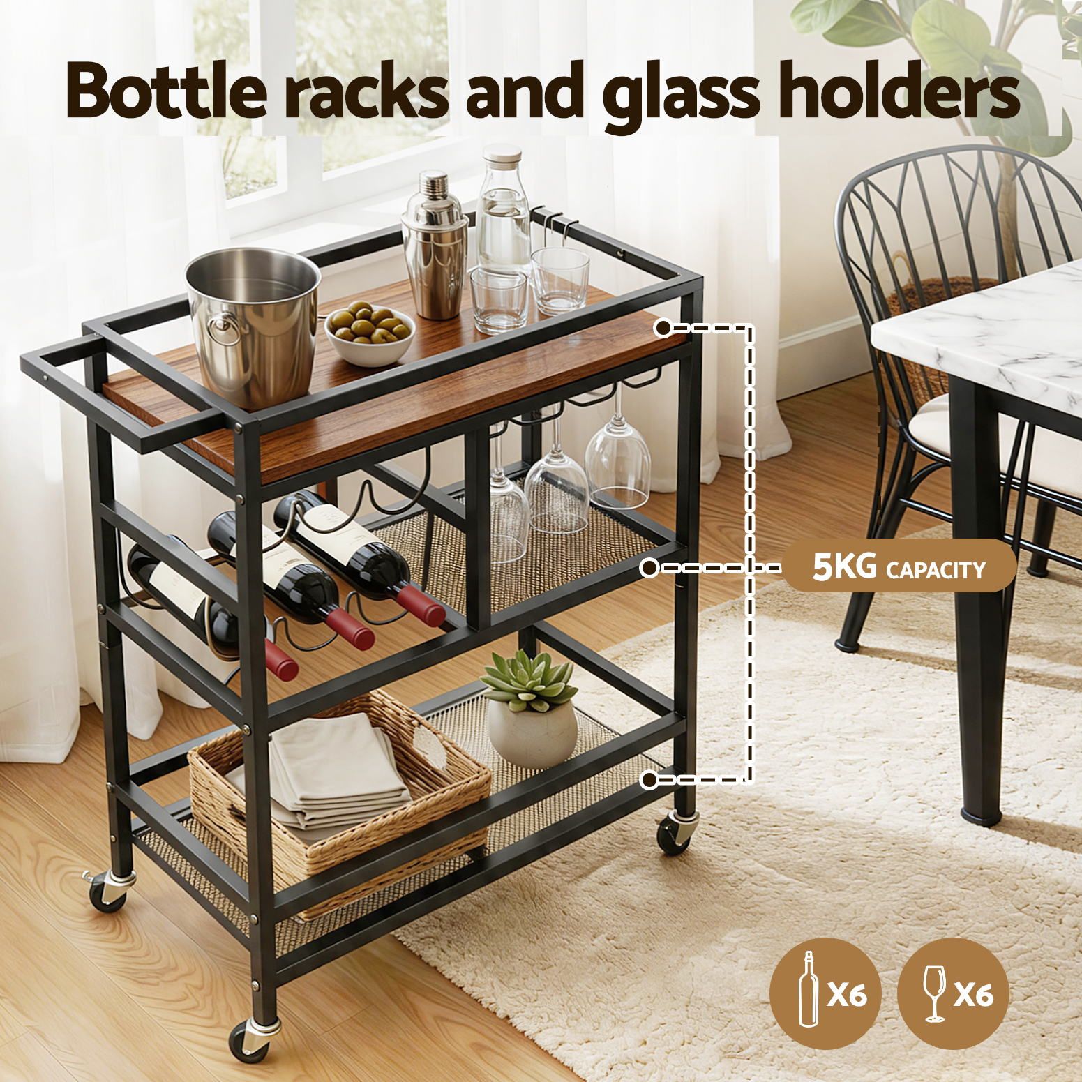 Artiss Bar Cart | Drinks Trolley With Wine Rack, Black – Sumo Deals Artiss Bar Cart Drinks Trolley Serving Wine Rack Glass Holder 3 Hooks 72Cm Black Product Image