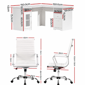 Artiss L-Shape Office Desk &Amp; Chair Set | White – Sumo Deals Artiss Office Desk And Chair Set L Shape Computer Desk 150Cm With Storage Cabinet &Amp; Drawers, Ergonom Product Image