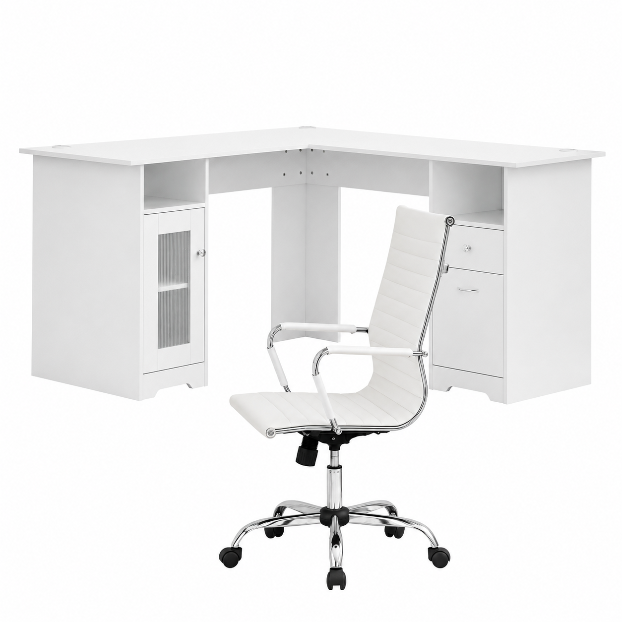 Artiss L-Shape Office Desk &Amp; Chair Set | White – Sumo Deals Artiss Office Desk And Chair Set L Shape Computer Desk 150Cm With Storage Cabinet &Amp; Drawers, Ergonom Product Image
