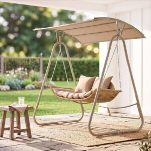 Gardeon Outdoor Swing Chair 2-Seater Rattan Seat with Canopy Beige product image