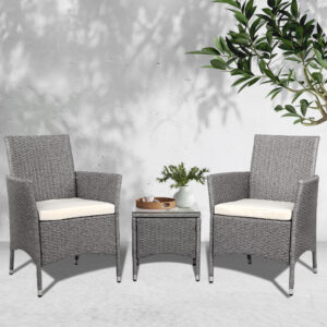 Gardeon 3PC Outdoor Bistro Set Patio Furniture Wicker Setting Chairs Table Cushion Grey product image