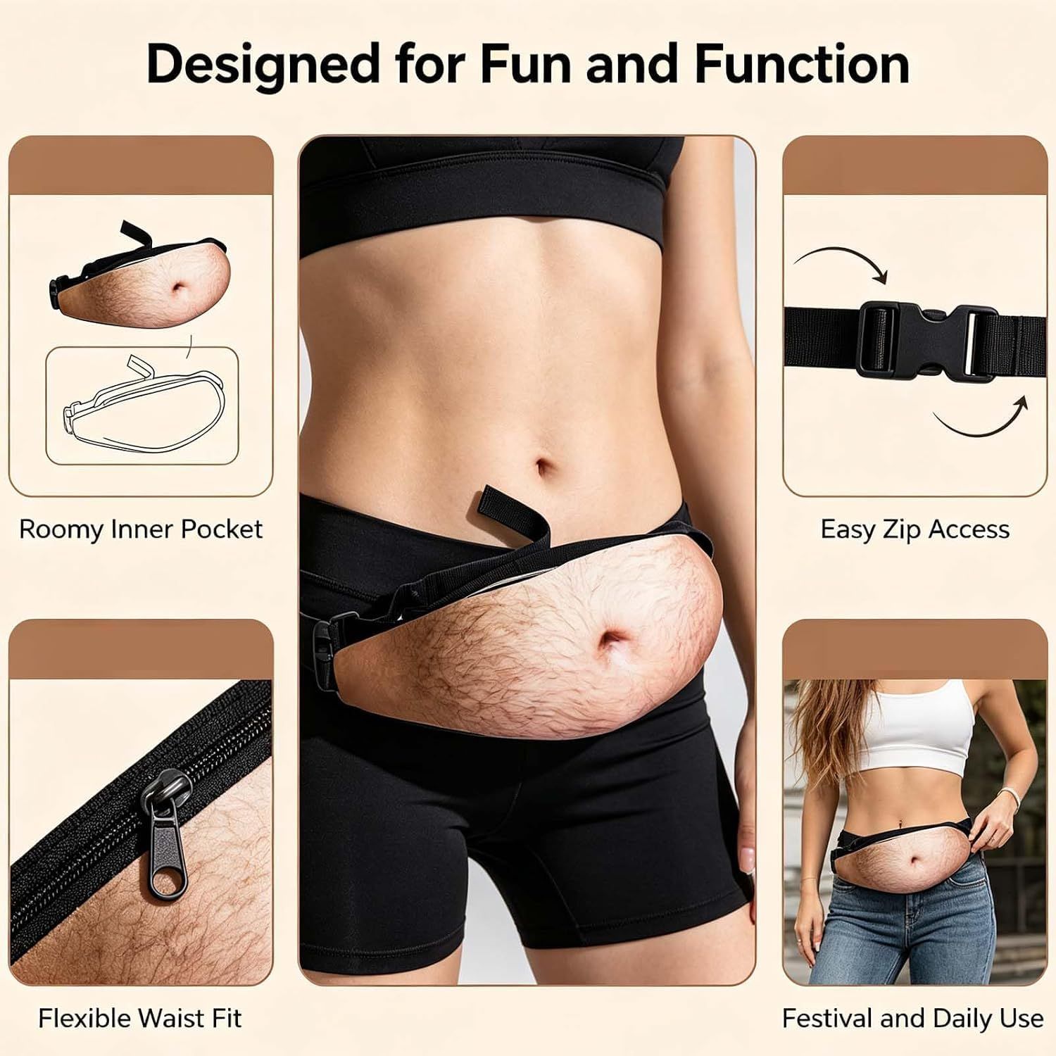 Hairy Beer Belly Fanny Pack | Light Hair – Sumo Deals Beer Belly Fanny Pack, Hairy Belly Fanny Pack, Dad Bod Belly Fanny Packs Multiple Styles, Zippered P Product Image