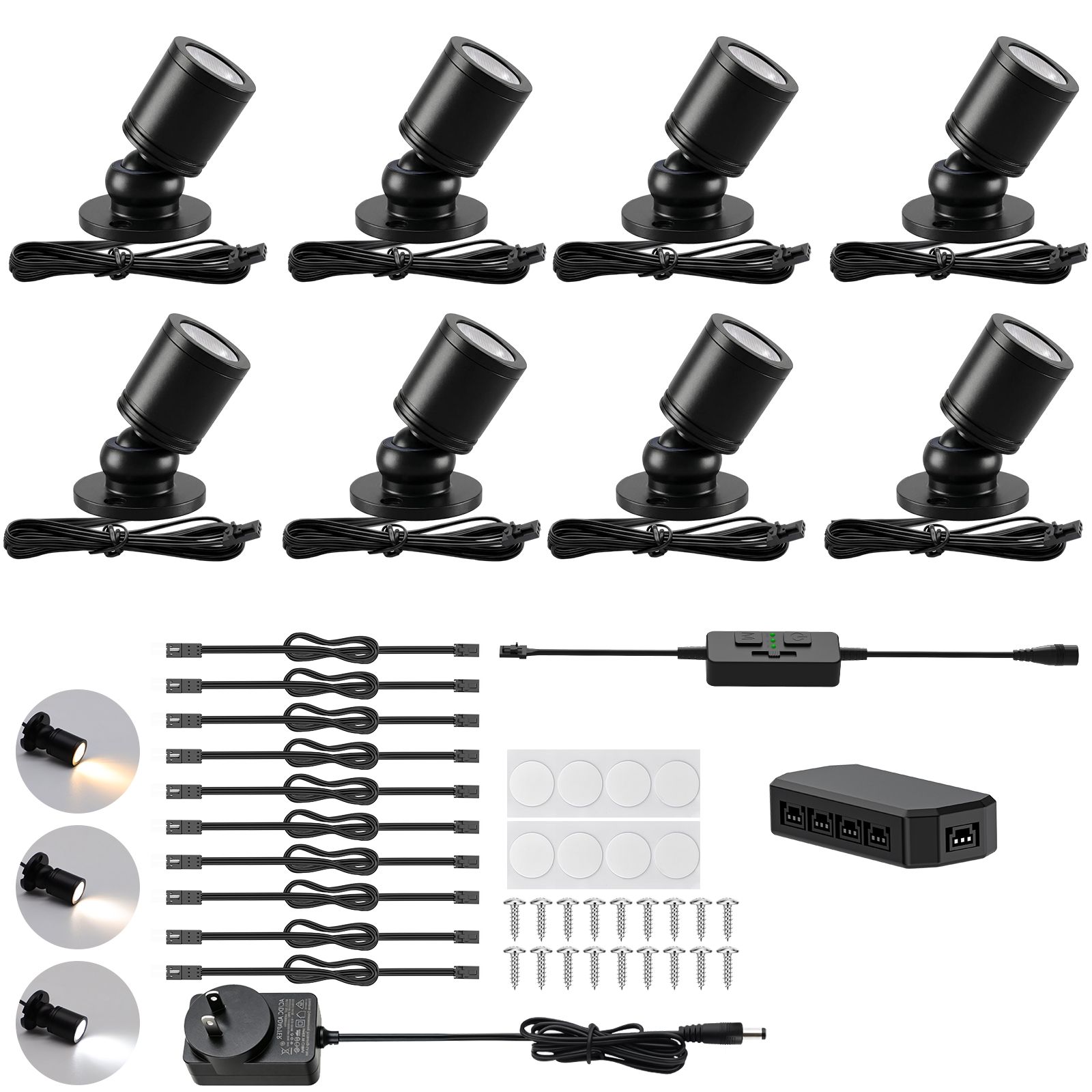 Dimmable Led Mini Spotlight Kit (8-Pack) – Sumo Deals Dimmable Led Mini Spotlight, 12V Cct 2700K-6000K, Adjustable For Display, Cabinet, Showcase, Artwork Product Image