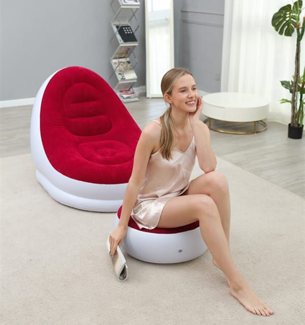 Khaki Inflatable Lounge Chair &Amp; Footrest Set – Sumo Deals Khaki Inflatable Flocked Lounge Chair &Amp; Footrest Set With Foot Pump, Portable Ergonomic S-Shaped Air Product Image