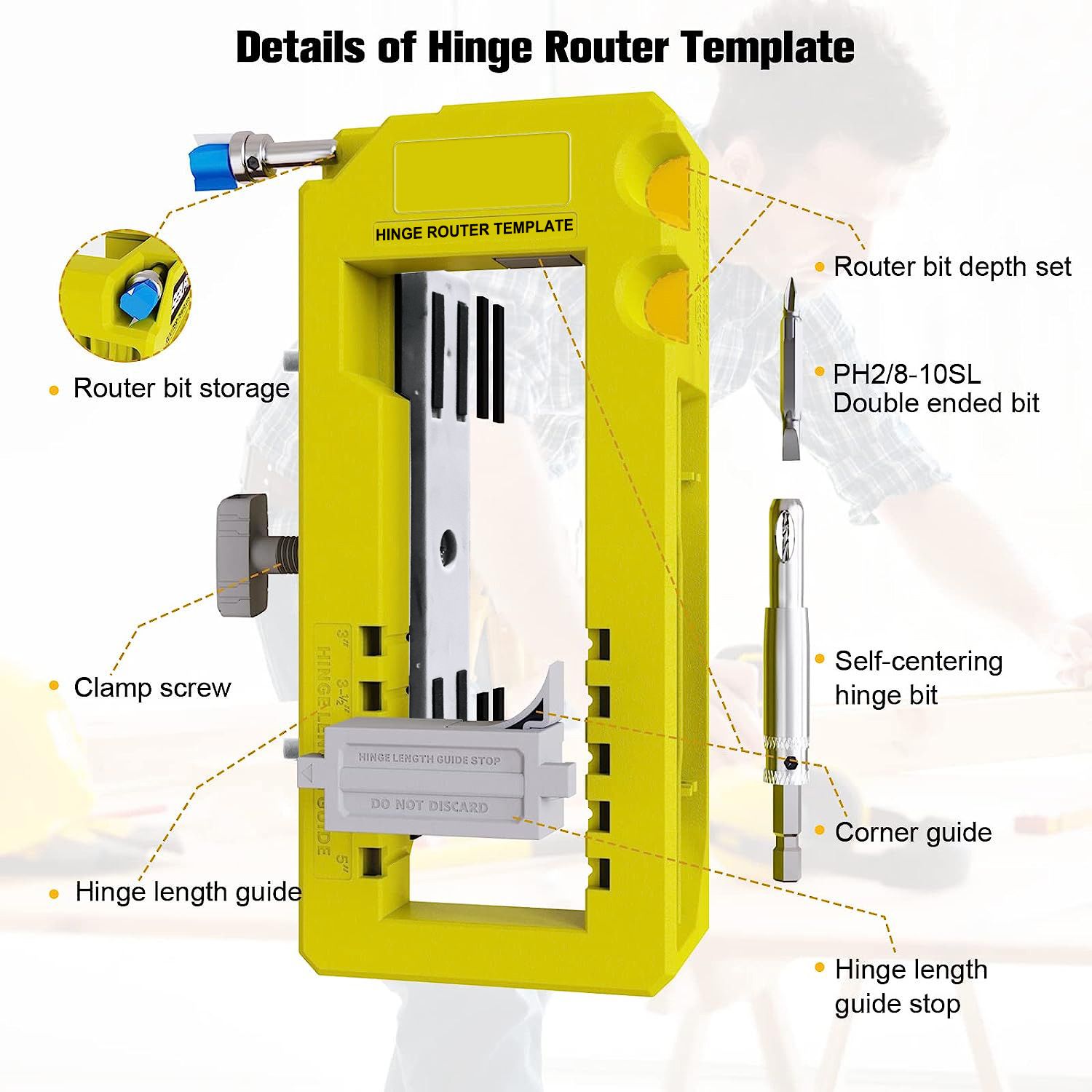 Hinge Mortise Template Jig Kit For Wooden Doors – Sumo Deals Hinge Mortise Template Jig For Wooden Doors With Adjustable Router Guide And Drill Bit Set For Preci Product Image
