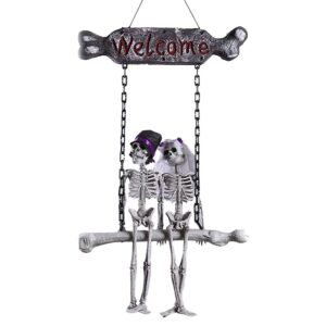 Halloween Skeleton Decorations - Hanging Bride & Groom Skeleton Couple Figurine with Welcome Sign & product image