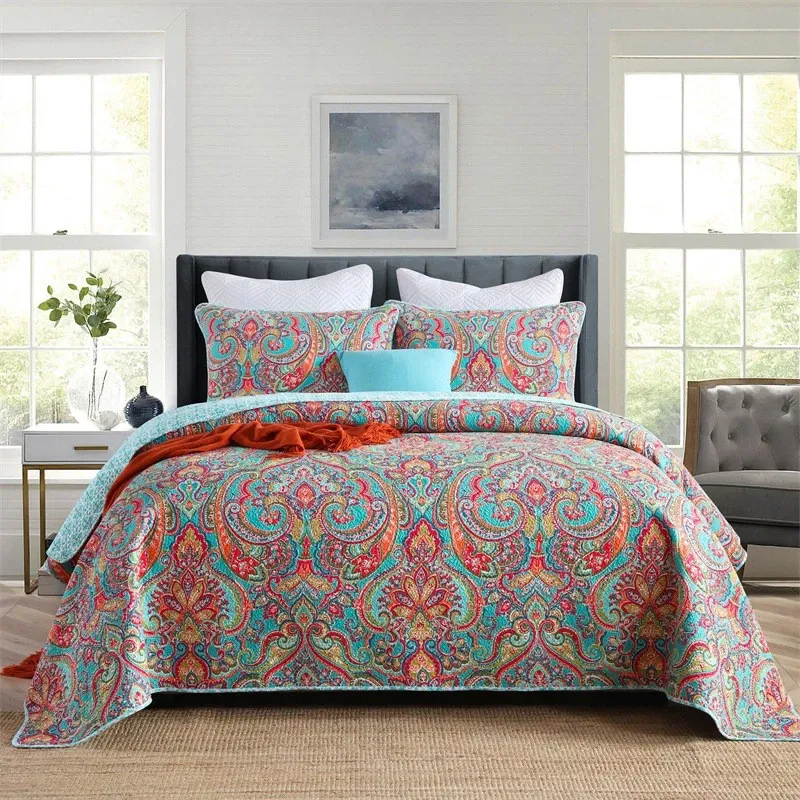 Aqua Coral Paisley Bloom Queen Coverlet Set – Sumo Deals 100% Cotton Aqua Coral Paisley Bloom Coverlet Bedspread Set Product Image