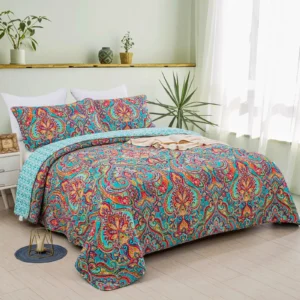 Aqua Coral Paisley Bloom Queen Coverlet Set – Sumo Deals 100% Cotton Aqua Coral Paisley Bloom Coverlet Bedspread Set Product Image