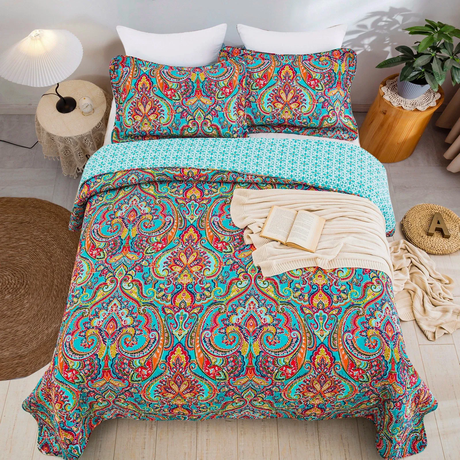 Aqua Coral Paisley Bloom Queen Coverlet Set – Sumo Deals 100% Cotton Aqua Coral Paisley Bloom Coverlet Bedspread Set Product Image