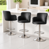 Set of 3 black faux leather adjustable swivel bar stools with chrome bases, perfect for kitchen islands or home bars.