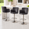 Set of 3 black faux leather adjustable swivel bar stools with chrome bases for kitchen island seating.