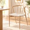 Light Oak Wood Dining Chair With Curved Back And Spindle Details, Woven Cream Rope Seat, For Modern Dining.