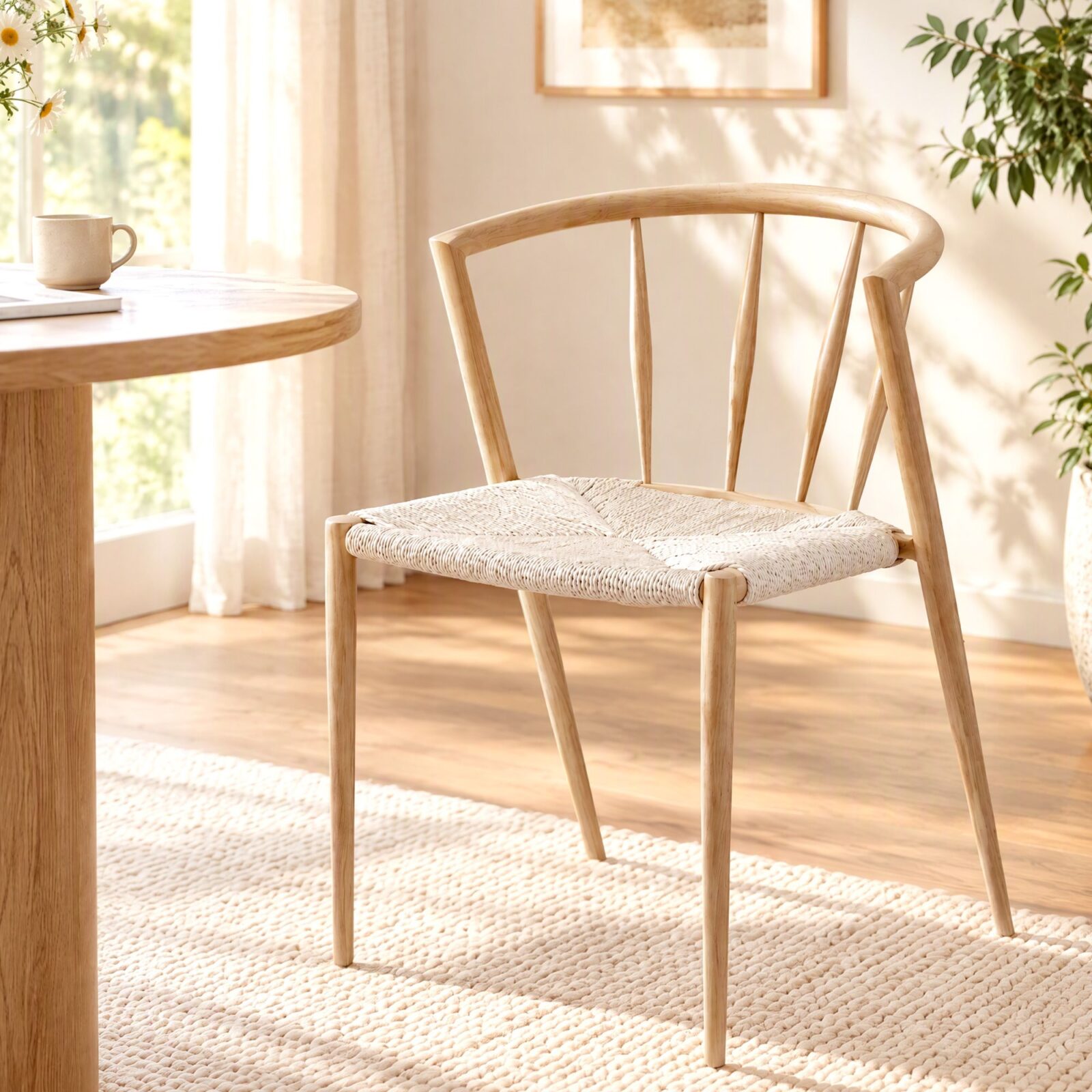 Artiss Wishbone Dining Chair - Woven Seat Accent – Sumo Deals Light Oak Wood Dining Chair With Curved Back And Spindle Details, Woven Cream Rope Seat, For Modern Dining.