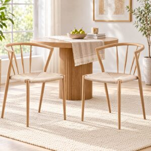 Natural oak wood dining chair with curved back and woven rope seat, for modern dining rooms.