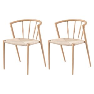Pair Of Natural Light Wood Dining Chairs With Spindle Backs And Woven Rope Seats For Kitchen Or Dining Room.