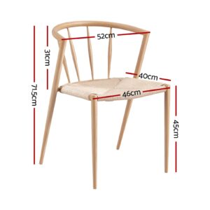Natural Oak Wood Dining Chair With Curved Backrest, Spindle Details, And Woven Beige Paper Cord Seat. 71.5Cm Tall.