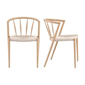 Natural Oak Wood Dining Chair With Curved Spindle Back And Woven Beige Rope Seat, Modern Farmhouse Style.