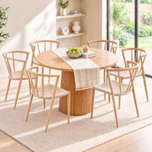 Natural oak wood dining table with round top, fluted pedestal base, and 6 matching chairs with woven rope seats.