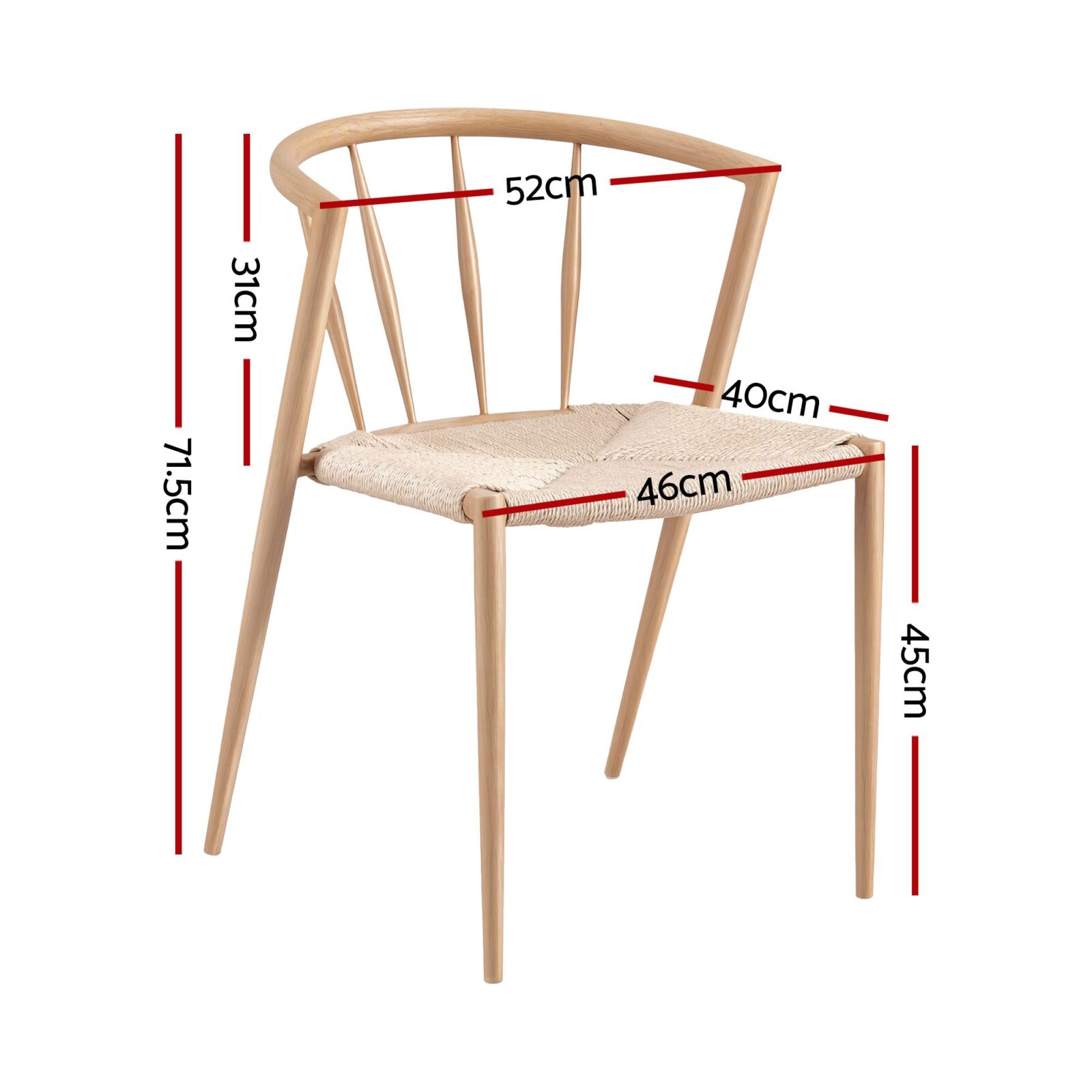 Artiss Dining Chairs Set Of 6 | Spindle Back Accent Chairs – Sumo Deals Natural Oak Wood Dining Chair With Curved Backrest, Spindle Details, And Woven Beige Rope Seat, Showing Dimensions.