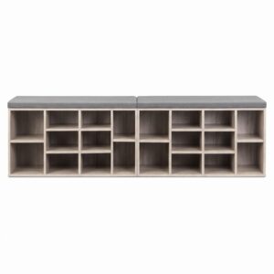 Light Wood Shoe Storage Bench With 16 Cubbies And A Grey Fabric Cushion Top, Ideal For Entryway Organization.