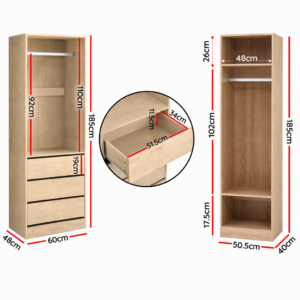 Artiss 2X Wardrobe Clothes Closet Organiser Pine – Sumo Deals Light Oak Wood Wardrobe With Hanging Rail, 3 Drawers, And Open Shelves For Bedroom Storage.