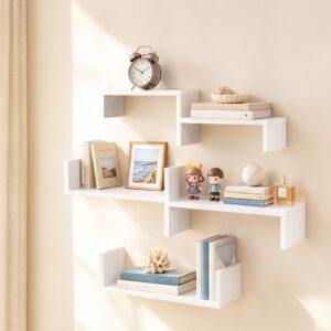 White wooden floating wall shelves, modern geometric design for living room decor and storage.