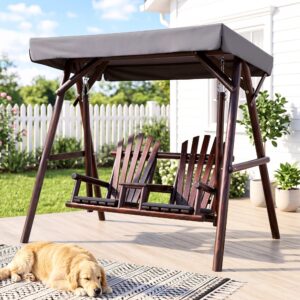 Gardeon Outdoor Wooden Swing Chair with Canopy Middle Table Charcoal product image