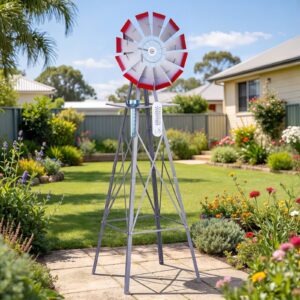 Metal garden windmill with red-tipped blades, rain gauge, and thermometer for outdoor decor.