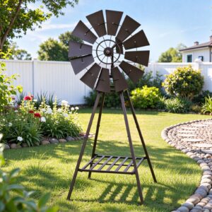 Outdoor windmill decor, dark bronze metal, 12 blades, tripod stand with shelf, for garden or yard.