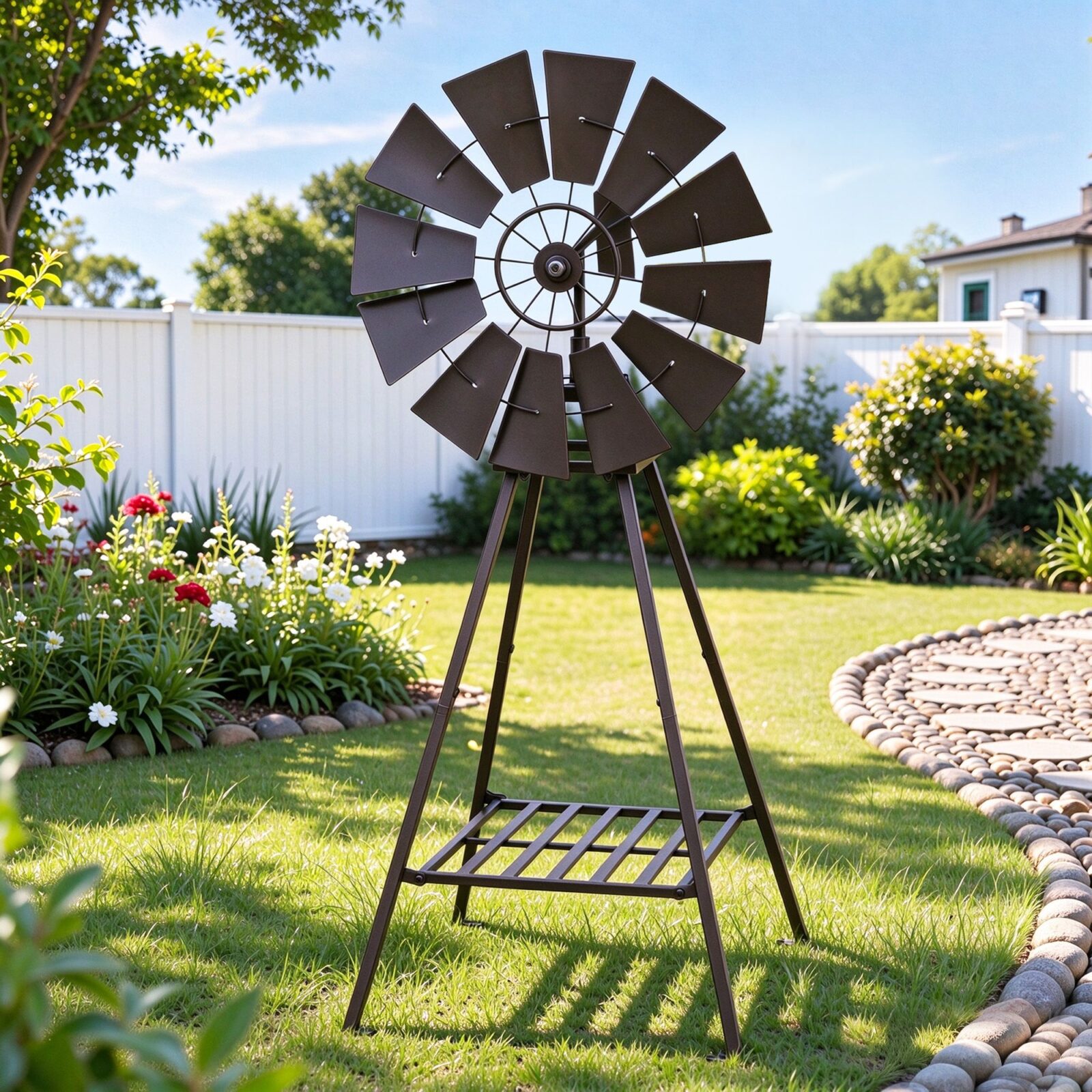 Gardeon 120Cm Bronze Garden Windmill Outdoor Decor – Sumo Deals Outdoor Windmill Decor, Dark Bronze Metal, 12 Blades, Tripod Stand With Shelf, For Garden Or Yard.