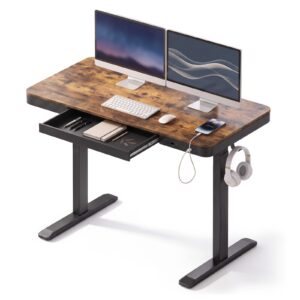 Rustic Brown Wood Standing Desk With Black Metal Frame, Built-In Drawer, Usb Ports, And Headphone Hook For Home Office.
