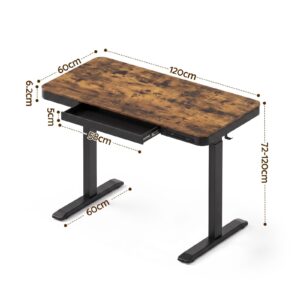 Rustic Brown Electric Standing Desk With Black Metal Frame, Keyboard Tray, And Digital Control Panel For Home Office.
