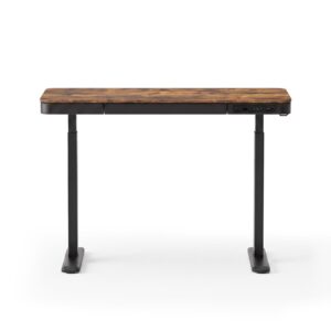Rustic Brown Wood Grain Electric Standing Desk With Black Metal Frame, Digital Control Panel, For Home Office.