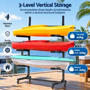 Black Metal 3-Level Vertical Kayak Storage Rack On Wheels, Holding Yellow, Red, And Teal Kayaks.