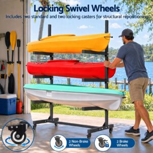 Black Metal 3-Tier Kayak Storage Rack With Locking Swivel Wheels, Holding Three Kayaks For Outdoor Storage.