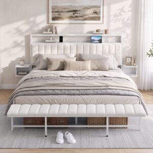 White upholstered bed frame with channel tufting, built-in shelves, and charging ports for a modern bedroom.