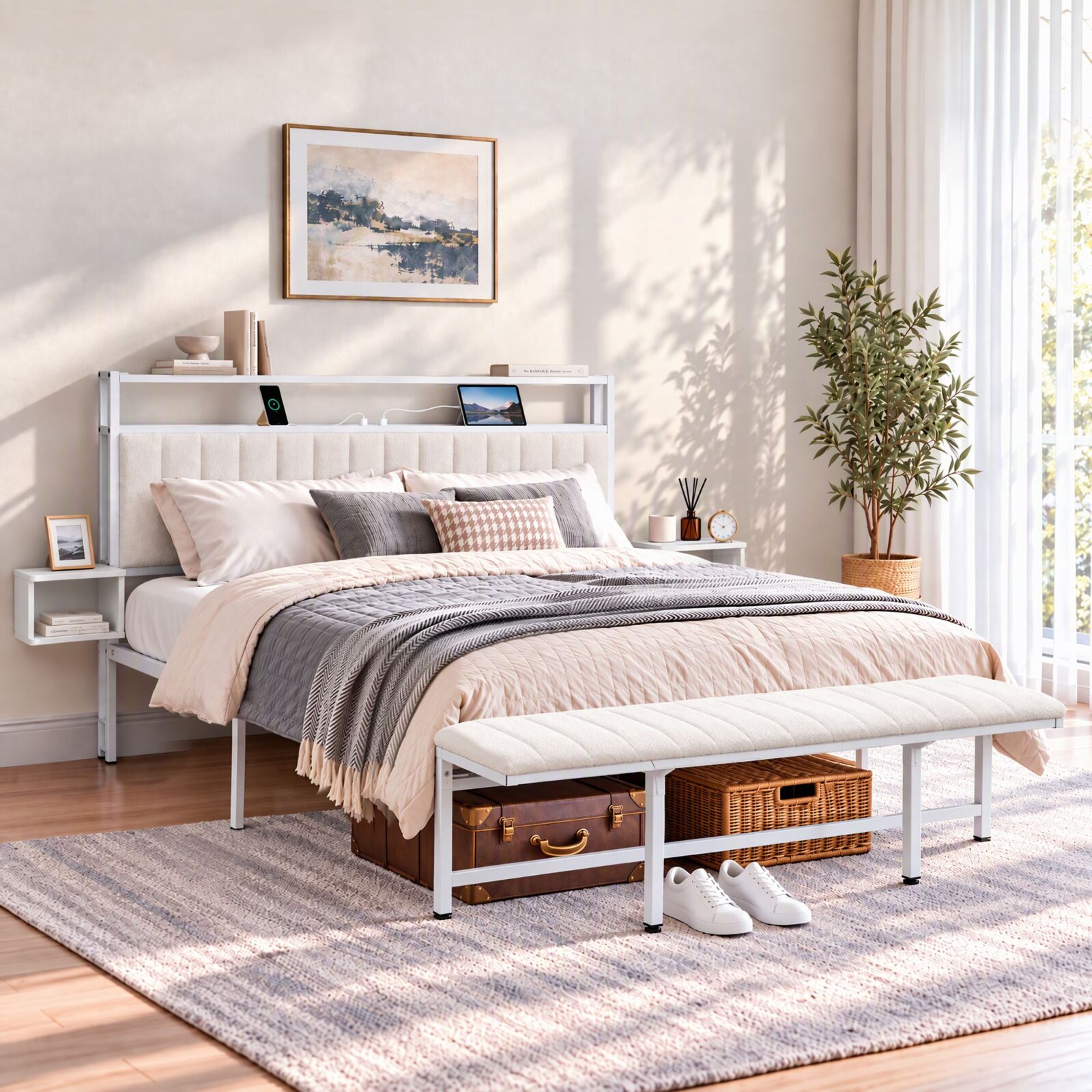 Artiss King Metal Bed Frame With Boucle Headboard – Sumo Deals White Metal Bed Frame With Upholstered Beige Headboard, Built-In Shelf, And Side Tables For Bedroom Storage.