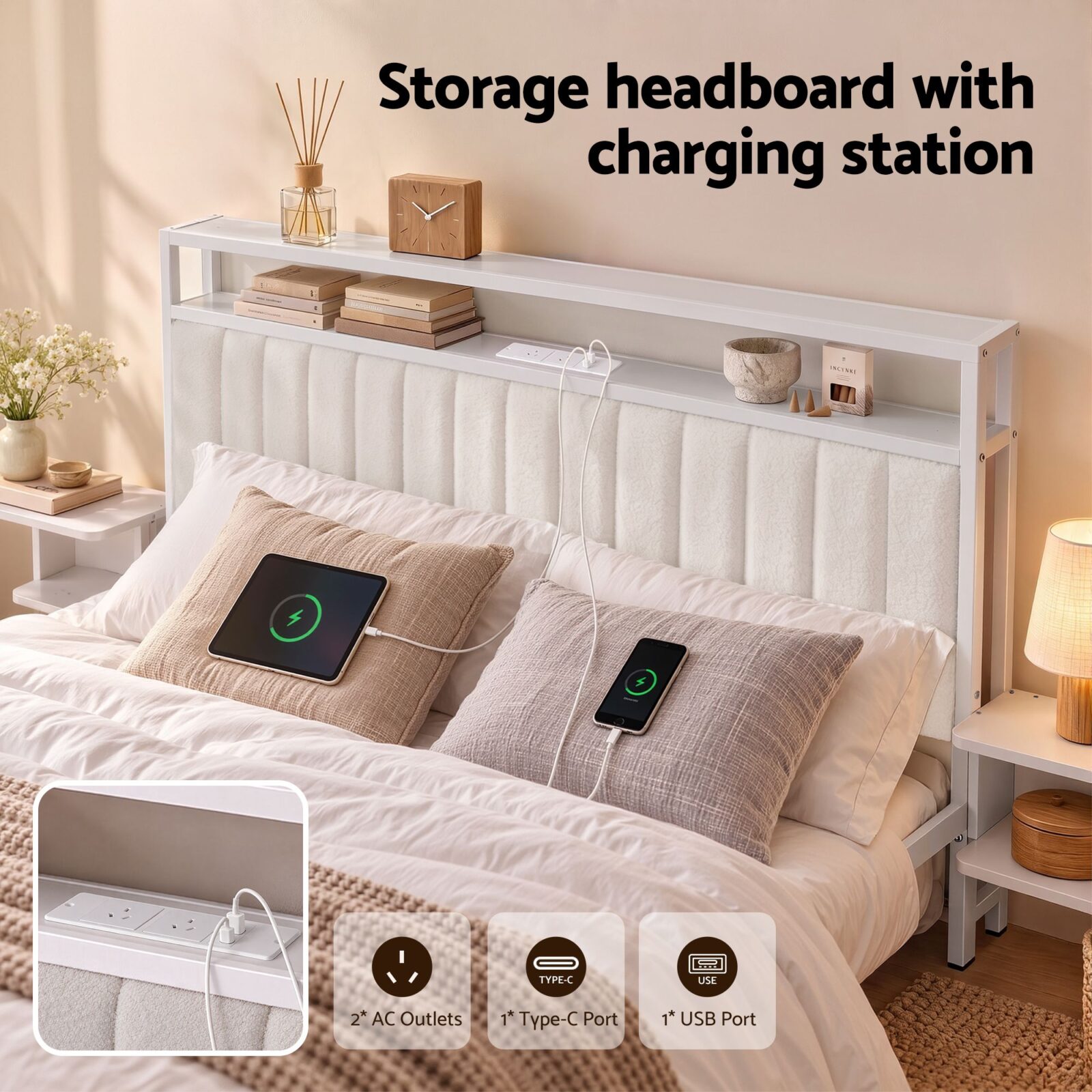 Artiss King Metal Bed Frame With Boucle Headboard – Sumo Deals White Metal &Amp; Upholstered Headboard With Storage Shelf, 2 Ac Outlets, Type-C, And Usb Ports For Bedroom Charging.