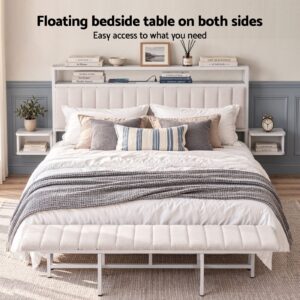 Artiss King Metal Bed Frame With Boucle Headboard – Sumo Deals White Floating Bedside Tables With Open Shelves, Wood, For Bedroom Storage And Convenience.