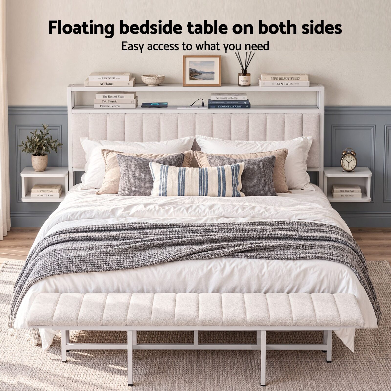 Artiss King Metal Bed Frame With Boucle Headboard – Sumo Deals White Floating Bedside Tables With Open Shelves, Wood, For Bedroom Storage And Convenience.