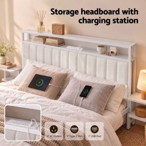 White Metal &Amp; Bouclé Upholstered Headboard With Integrated Shelf, 2 Ac Outlets, Type-C, And Usb Ports For Bedroom Charg